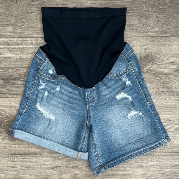 1822 Denim Maternity Shorts Size 4 Distressed Light Blue Belly Panel Roll Hem - Picture 1 of 11
